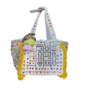 Antik Batik Bohemian Yellow and Cream Beaded Embellished Tote Bag